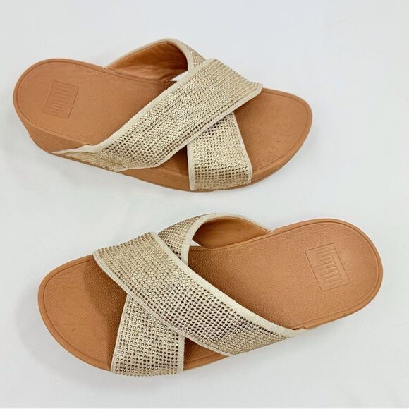 FitFlop RITZY Gold Metallic Sparkle Crisscross Orthotic Slide Sandals - Picture 5 of 16